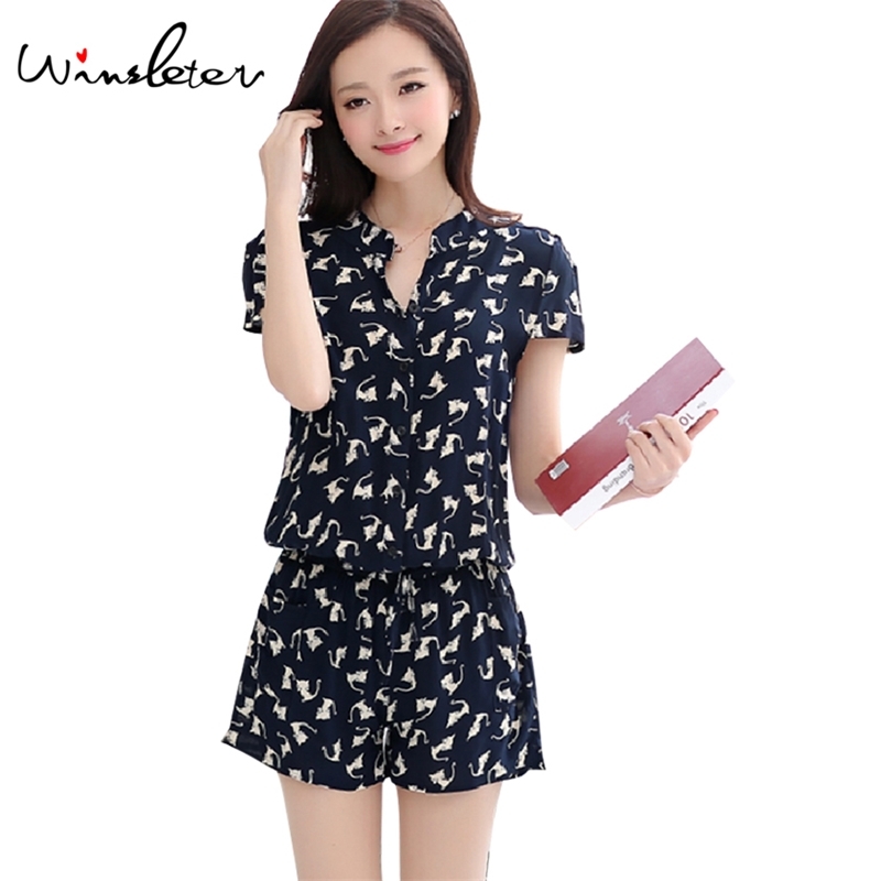 

Summer Women Jumpsuit 6 Patterns Cat Horse Print Single-Breasted Elastic Waist With Sashes Rompers Overalls macacao S74406 T200704, Crown