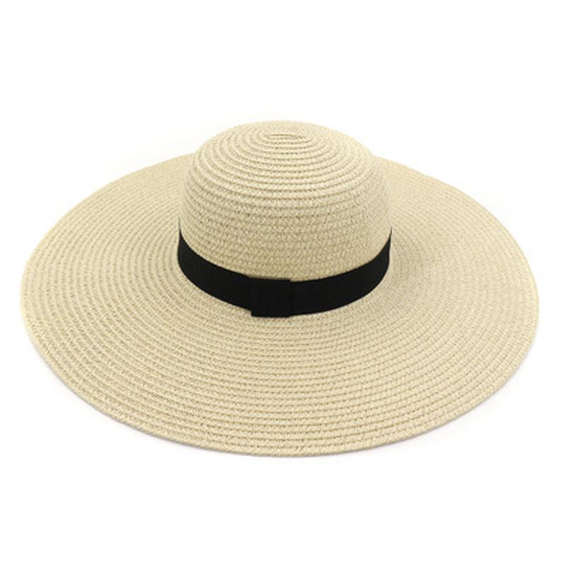 

women hats summer spring solid with ribbon band straw hats for women elegant big brim 13cm casual outdoor beach travel hat