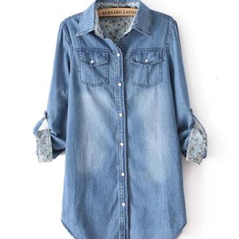 

2021 New Blusas Mujer De Moda Autumn Womens Long Sleeve Chambray Denim Shirts Blouse Tops Snap Button Plus Size Cotton Shirt Xdqq, Blue