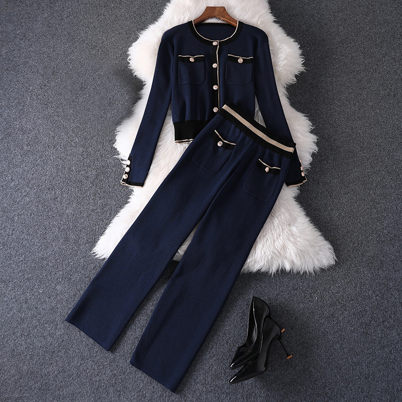 

2020 Long Sleeve Round Neck Blue Contrast Color Knitted Pockets Cardigans Top + Panelled Buttons Long Pants Two Piece 2 Pieces Set MQ3051570
