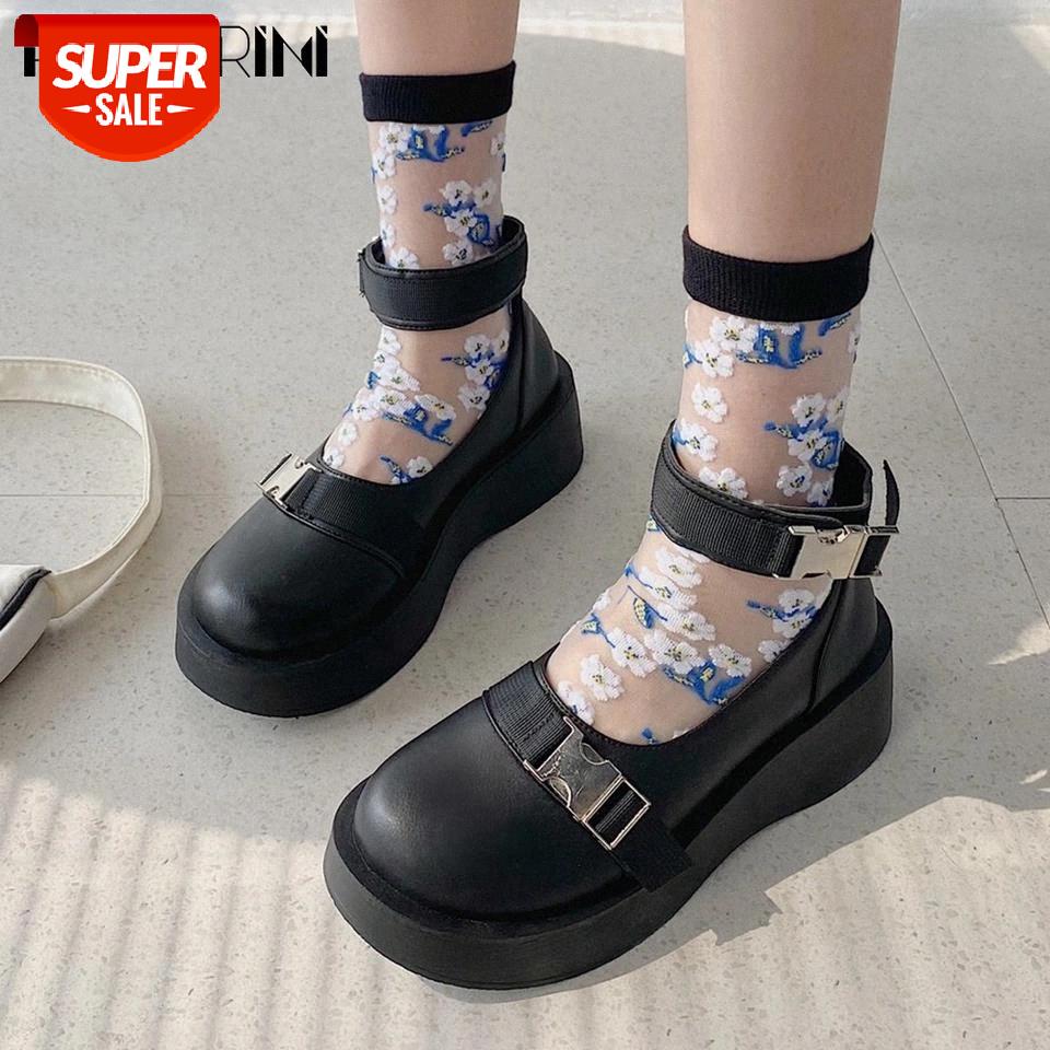 

RIBETRINI Female Black Buckle Wedges Platform Shoes Fashion Round Toe Marry Janes Women Pumps Lolita Chunky Pumps #KP4s, Beige