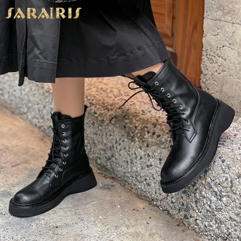 

Sarairis 2021 Fashion Split Leather Comfy Luxury Booties Women Shoes Soft Sole Shoelace Street Punk Trendy Motorcycle Boots, Beige