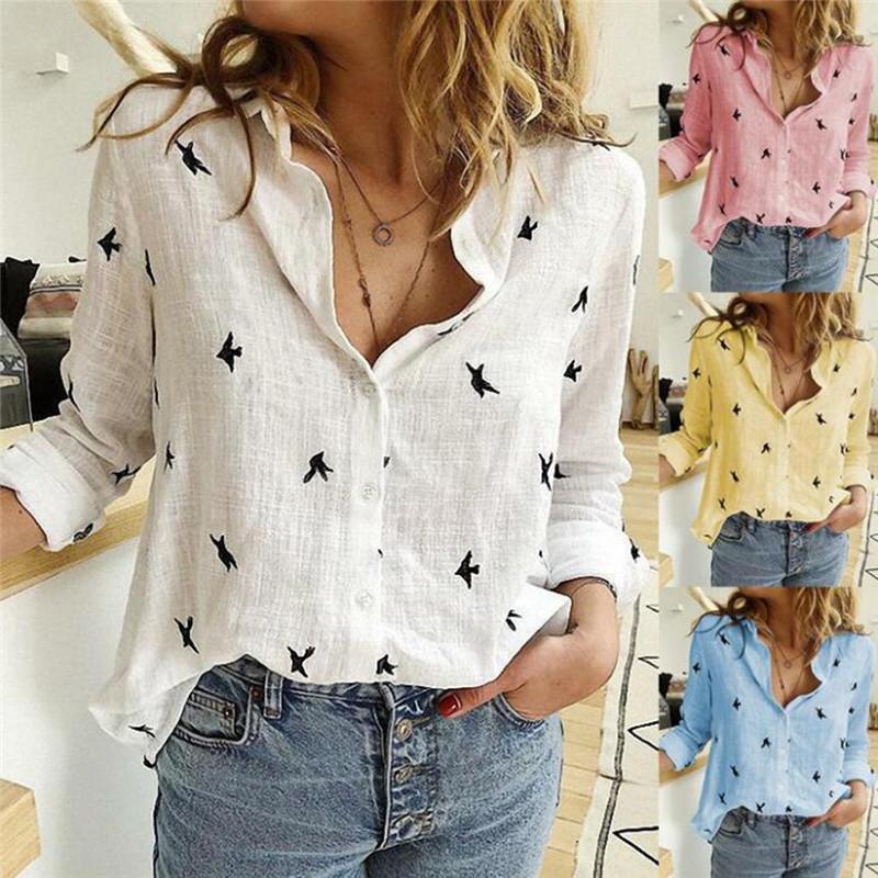 

Women' Birds Print Shirts 35% Cotton Long Sleeve Female Tops 2020 Spring Summer Loose Casual Office Ladies Shirt Plus Size 2XL, White