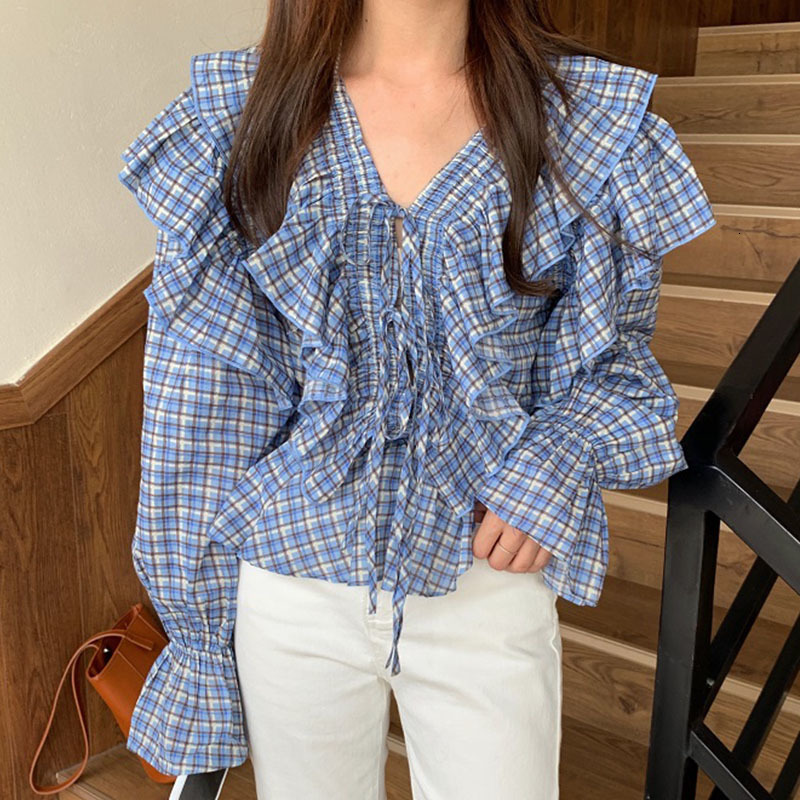 

2021 New Elegant Women's Plait Shirts V-ruffle Neckline Sleeve Extension Lace to Female Blouse Thin Waist Style Young Tops Spring BF6A, Blue