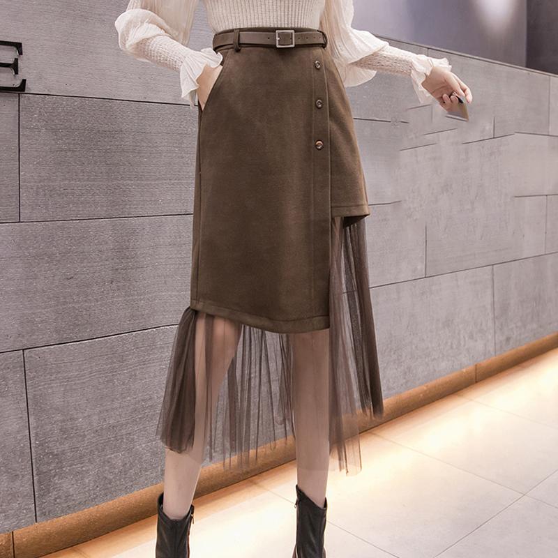 

2020 Autumn Winter Lace Patchwork Woolen Skirt Women Irregular Belt Button A-Line Skirts High Waist Style Midi Skirt Female