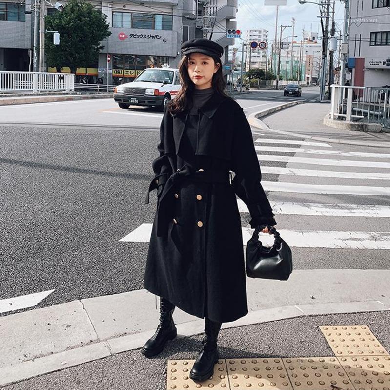 

Classic Black Overcoat Cloak Heavy Woolen Coats Woman Loose Lapel Sashes Outerwear Winter Vintage Lady Long Wool Trench Coats1