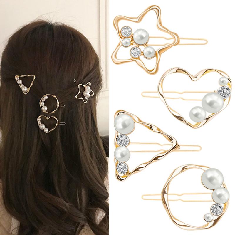

Korean Lovely Imitation Pearl Hair Clip Hair Accessories Women Hollow Round Star Geometric Triangle Heart Rhinestone Pins