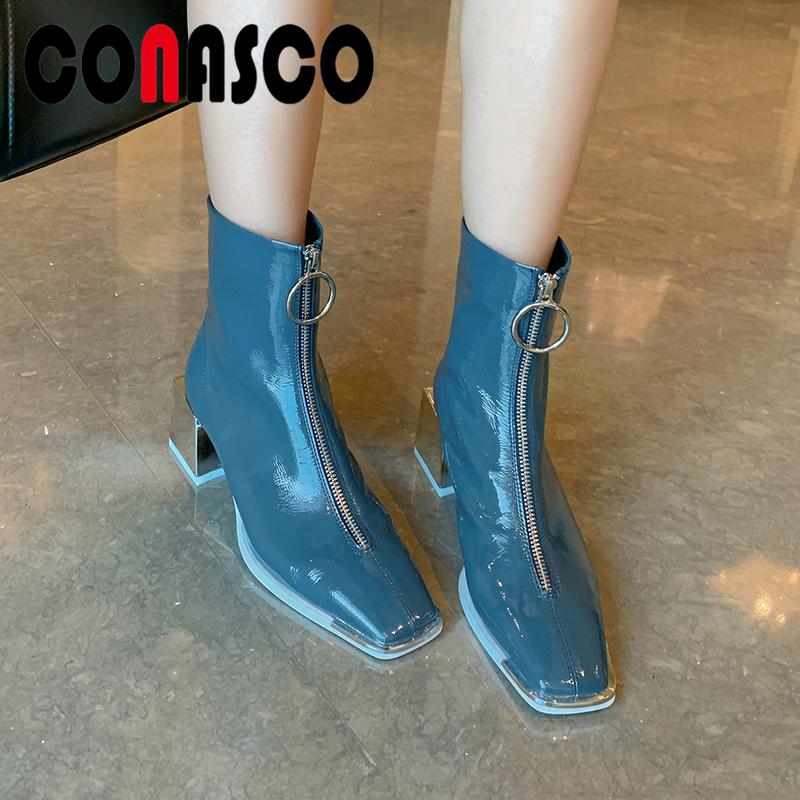 

CONASCO 2020 New Casual Women Ankle Boots Autumn Winter Patent Leather Popular Fashion Metal Decoration Boots Zipper Woman, Black