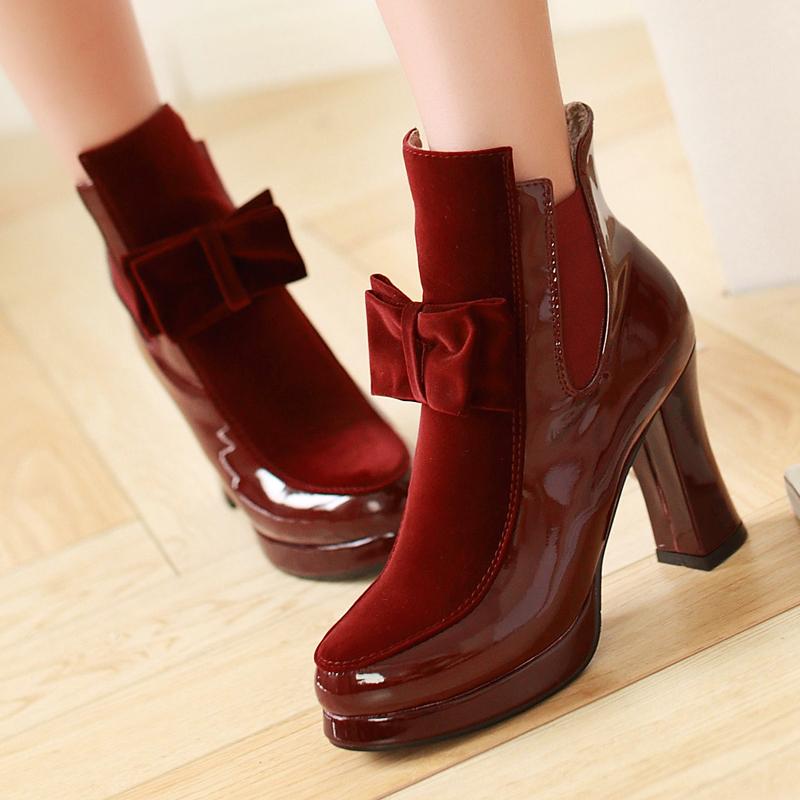 

AIWEIYi High Heel Shoes Woman Patent PU Leather Square Heel Sweet Bow tie Platform Pumps Women Ankle Boots Botas Shoes, Black