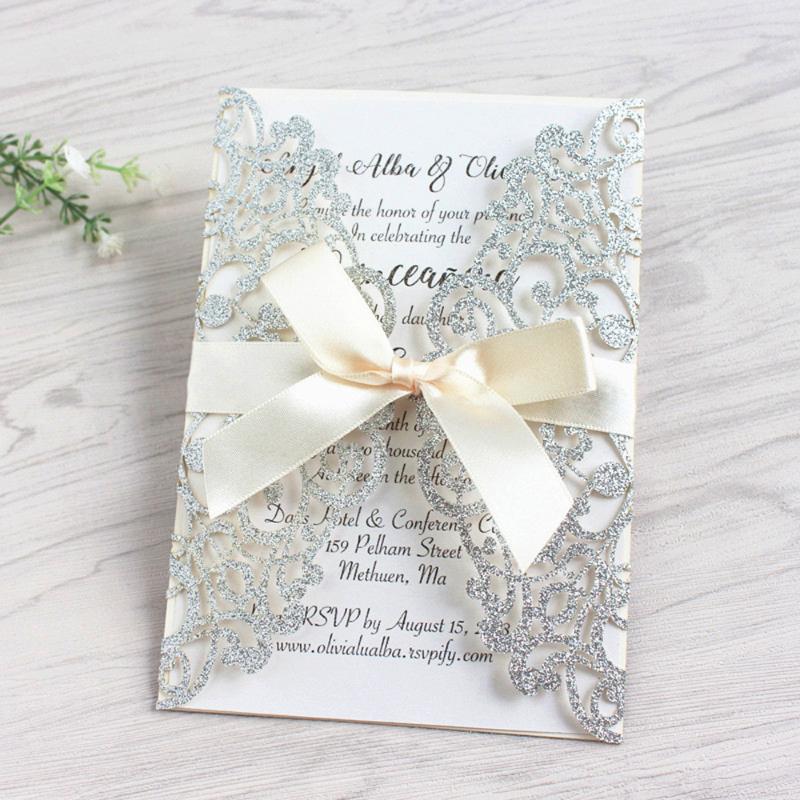 

50PCS Glitter Laser Cut Wedding Invitations with Ribbon and Envelopes for Engagement Bridal Shower Birthday Party Cards