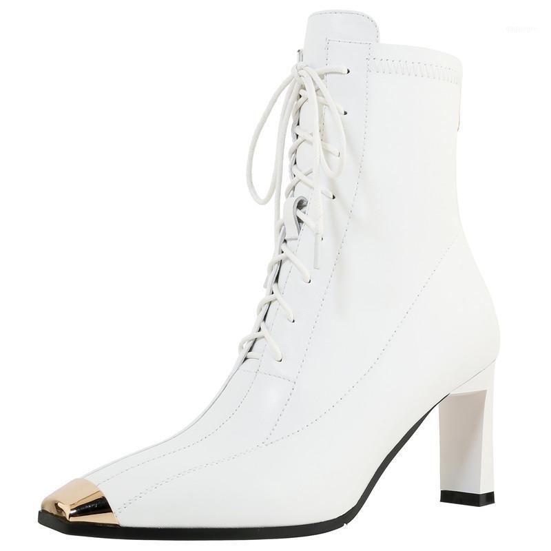 

Autumn Winter New Pointed Toe Thick Heel Shoes Sexy Women Genuine Leather Short Tube Boots Single Boots Metal Decoration1, White