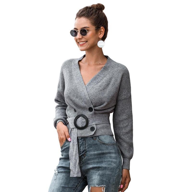 

Autumn Winter 2020 Vintage Button Cardigan Sweater With Belt Solid Korean Style V-Neck Knit Sweater For Women Short Tops, Black