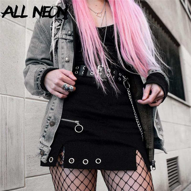 

ALLNeon Gothic Hollow Out Black Mini Skirts A-Line Slit Hem With Zipper and Chain Short Skirts Chic E-girl Bottoms Steampunk