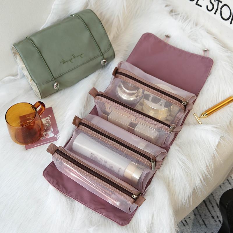 

Four In One Folding Cosmetic Bag Women Travel Make Up Organizer Large Portable Beauty Brushes Toiletries Storage Makeup Kit, Brown