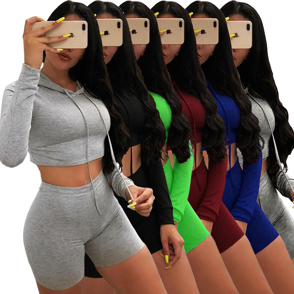 

Women bandage hooded shorts fashion sports tracksuits fitness two 2 piece set suit sportwear woman jogger sweat, Wine