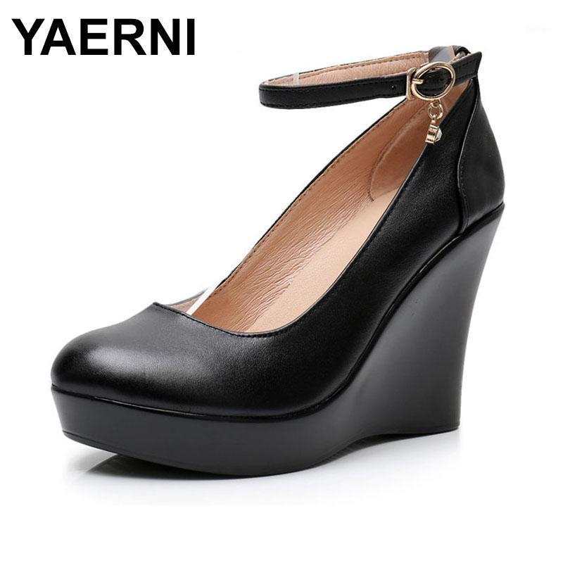 

YAERNI Fashion Ankle Strap High Wedge Platform Pumps For Women Casual Genuine Leather Black Work Shoes High Heels1, 8cm black