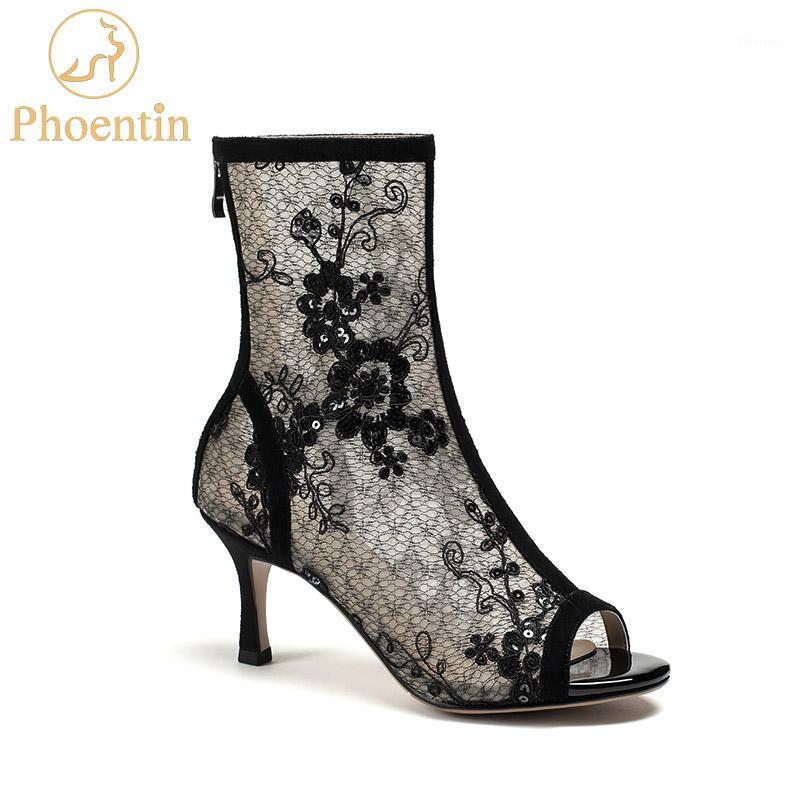 

Phoentin 2020 summer women's boots mesh thin high heels sandal boot shoe zipper peep toe black sexy with flower embroidery FT8711