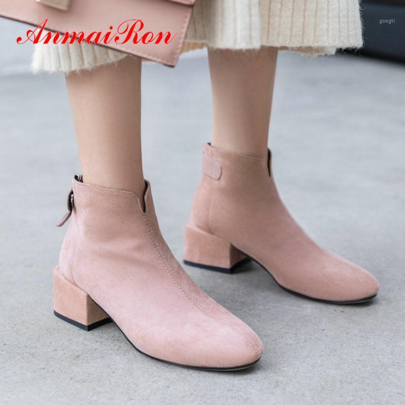 

ANMAIRON Womens Winter Fashion 2020 Kid Suede Boots Square Heel Round Toe Ankle Boots Short Plush Women Shoes Size 34-391, Beige