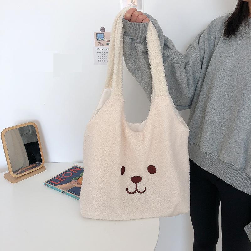 

Bolsa Feminina Soft Plush Shoulder Bag Women Casual Tote Bag Torebki Damskie Sac Main Femme Ladies Hand Bags Big Lamb, Beige