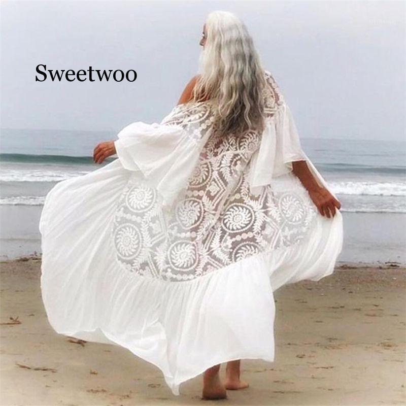 

2020 New Bikini Cover-ups Sexy Belted Summer Dress White Lace Cotton Tunic Women Plus Size Beach Wear Swim Suit Cover Up1