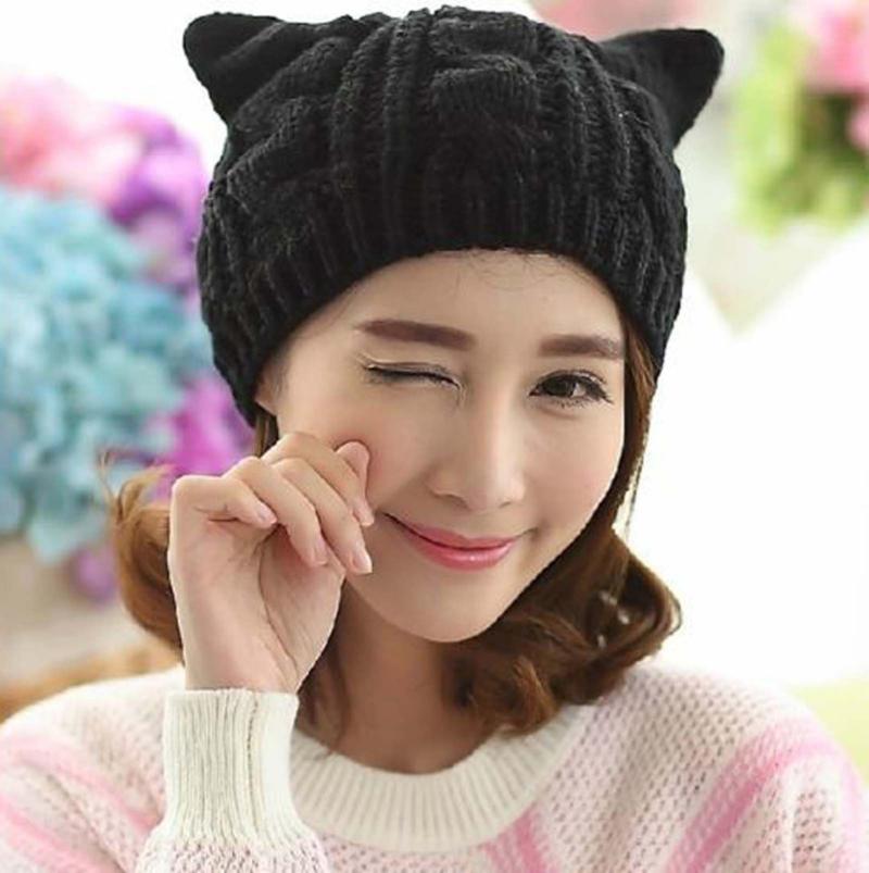 

New Fashion Autumn Winter Women's Hat Caps Knitted Cat Ears Knit Black Beanie Hat with hair Warm Skullcap Baggy Cap Gorros