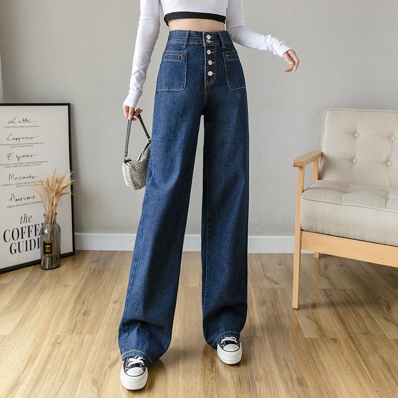 

Autumn High Waist Multi-Button Wide Leg Straight Loose Long Denim Jeans for Women  M L XL, Dark blue