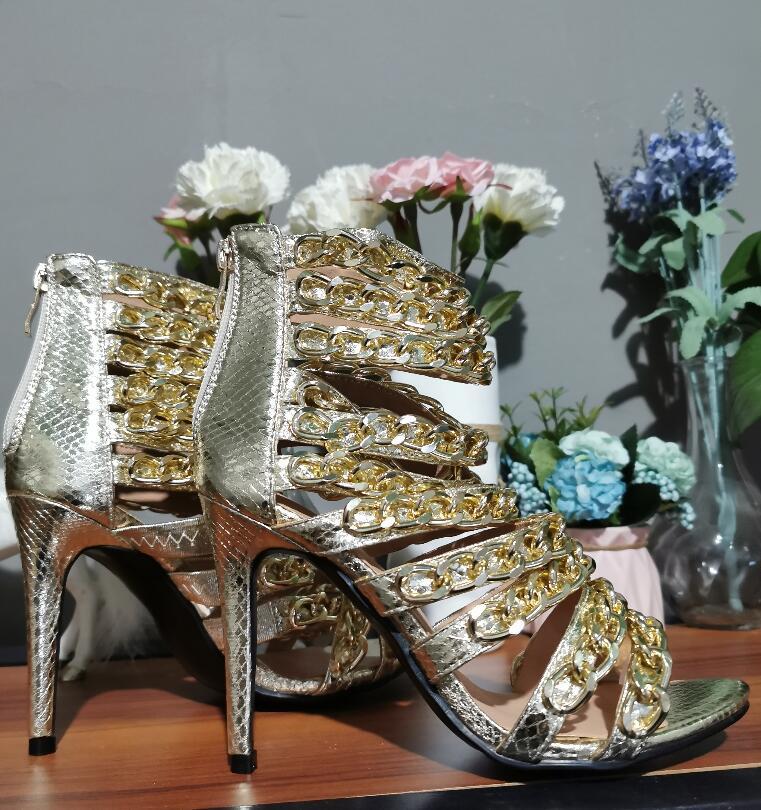 

Leather Gold Bling Metal Chains Summer Sandals Women's Peep Fine Gladiator High-heeled Mujer Boots Hoa2, As pic