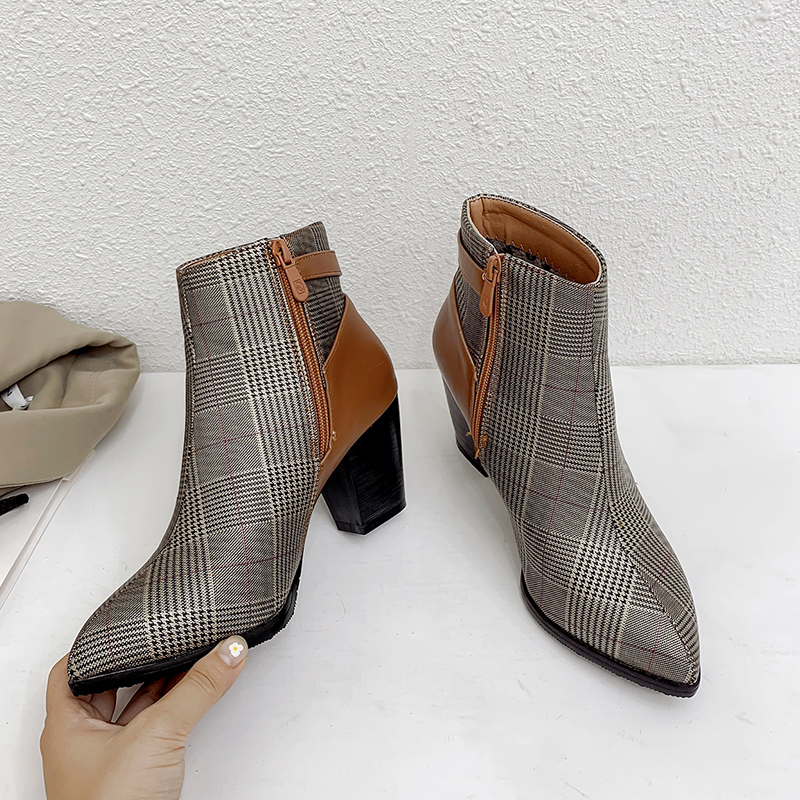 

Ins tornozelo plus tamanho 22-28 cm europa e amrica microfibra salto alto feminino xadrez retro botas de inverno 67VZ, Black