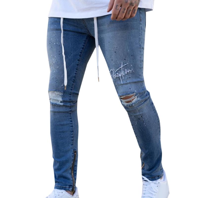 

3XL Letter Printed Men Denim Pants Drawstring Male Stretch Ripped Jeans Slim Fit Joggers Trousers Skinny Mens Jeans, Gray