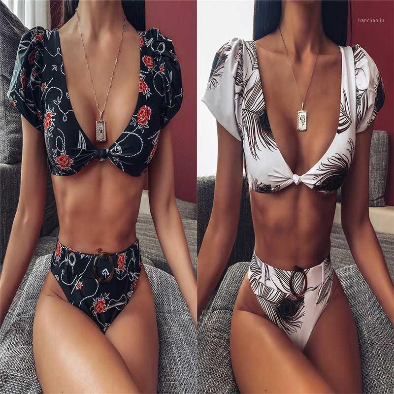 

Bikinis 2020 mujer Print Short T-shirt Swimsuit High Waist Bikini Push Up Swimwear Women Black Sexy Bikini Micro Biquini1