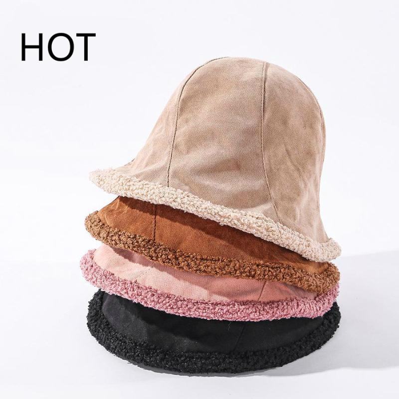 

2021 HOT Bucket Hat Women Winter Double Sided Faux Lamb Fur Fisherman Cap Korean Solid Color Casual Warm Ear Protection New Bob, Black
