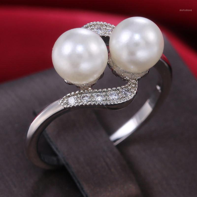 

VAGZEB Double Pearls Ring Silver Color Interlaced Rings Simulated Pearl Wedding Ring Silver Color Jewelry for Women Gift1