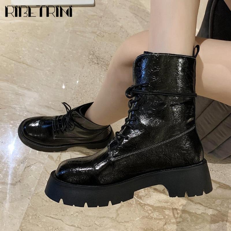 

RIBETRINI New Girl Cool lace-up Brand Metallic Ankle Shoes Fashion High Platform Women Boots Med Heels Boots, Black