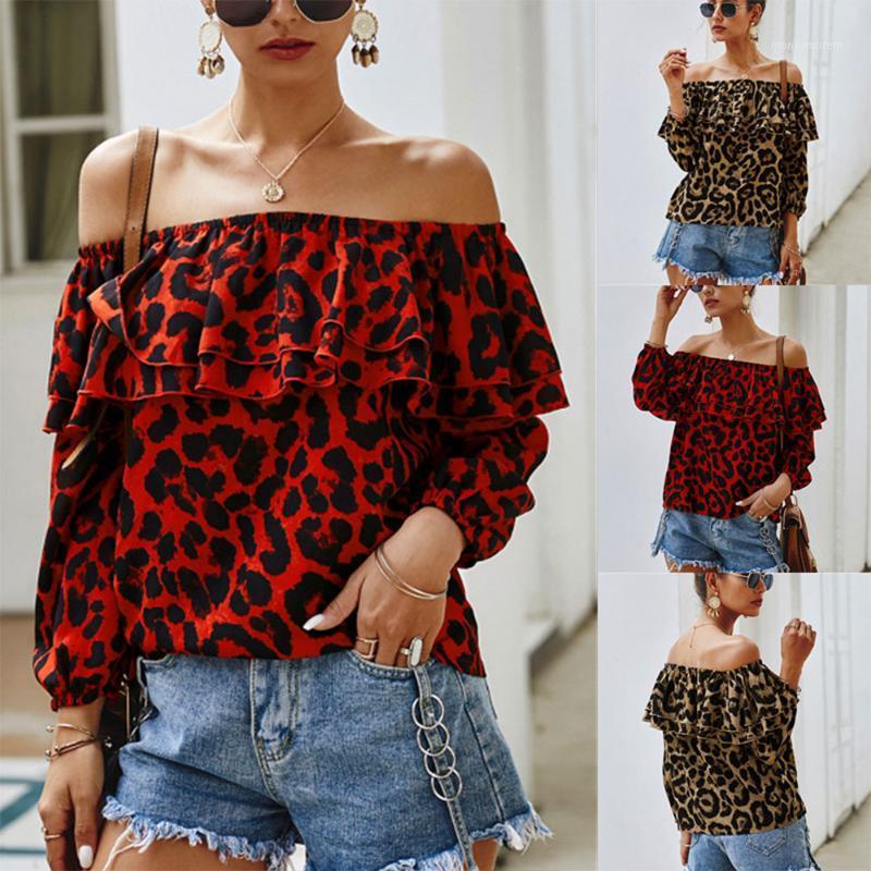 

Spring/Summer 2020 Leopard Print Chiffon Shirt Women Blouses Off Shoulder Chest Wrap Sexy Women Tops Long Sleeve Top Lady Wear1, Khaki