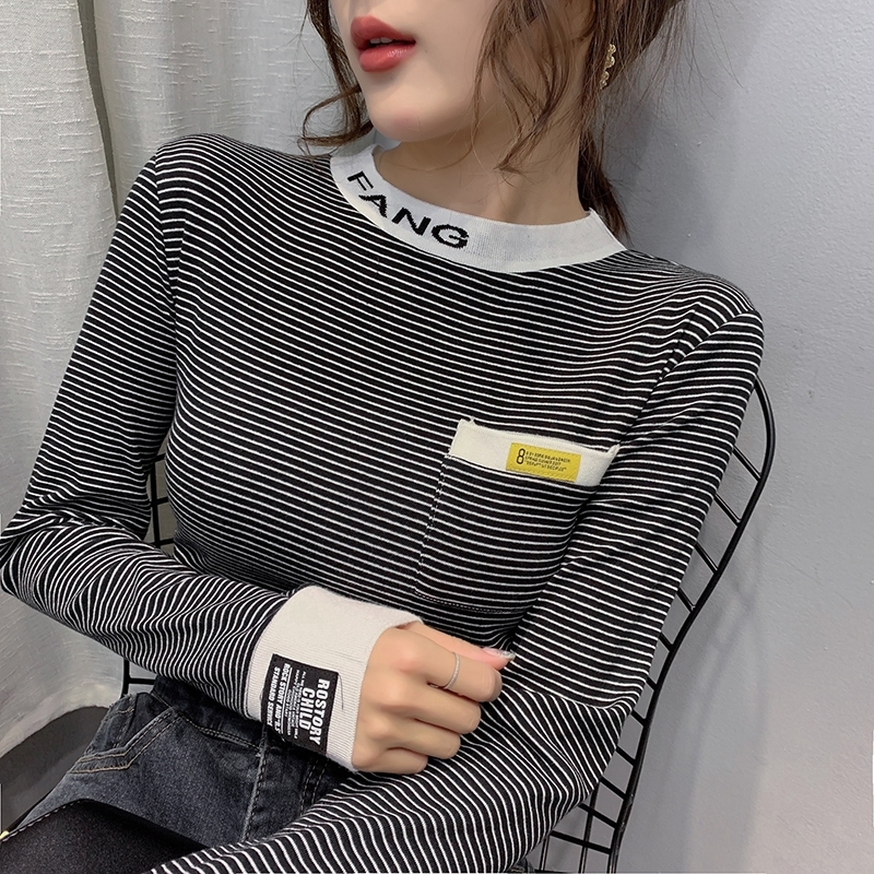 

Autumn Winter T shirt Women Striped Letters Embroidery Stretchy Thick Tops Tee Fleece Long Sleeve T-shirt Bottoming T9N395 Y200412, Yellow no fleece