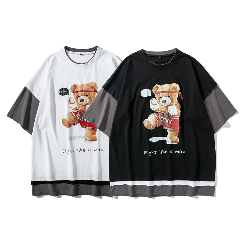 Europe Spring Summer Oversize Boxing Bear Print Fake two pieces patchwork sleeve Hip Hop Tshirt T Shirts Men Women Cotton Tee