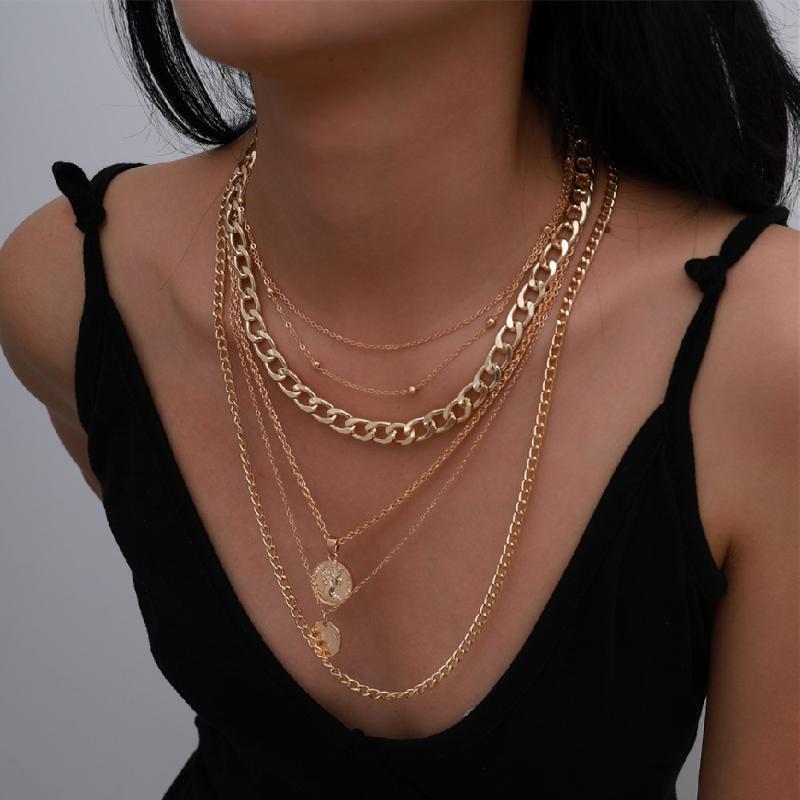 

Boho Multilayer Head portrait Coin Pendant Necklace for Women Punk Cuban Beaded Chain Choker Necklace Statment Jewelry Gift