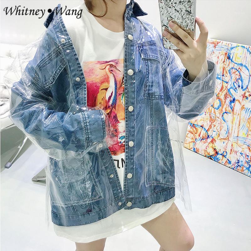 

WHITNEY WANG 2018 Autumn Winter Fashion Streetwear Designer Style Plastic PVC Patchwork Denim Jacket Women Jean Coat WW-23011, Blue