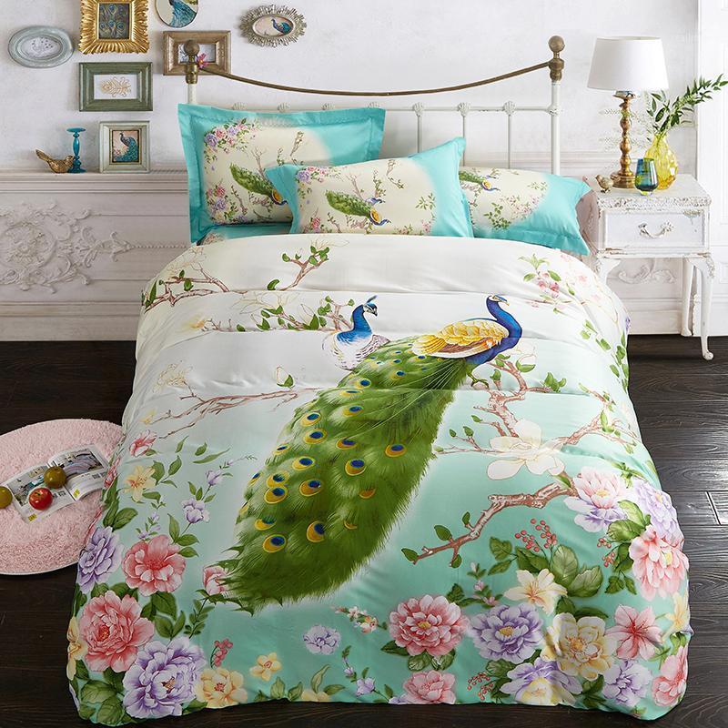 

Oriental Peacock and Peony Flower Bedding Set  & King Size Tencel Home Textiles Bed Sheets Pillowcase Duvet Cover1, Peacock pink