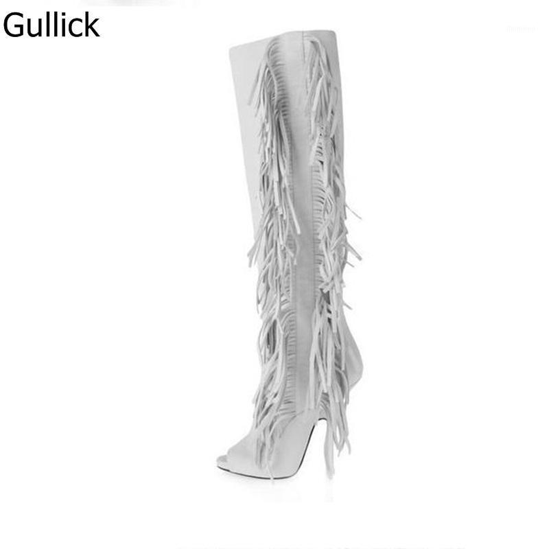 

Elegant Women Fashion Milk White Brown Suede Leather Stylish Long Boots Peep Toe Side Tassel Design Knee High Fringe Dress Pumps1, As picture