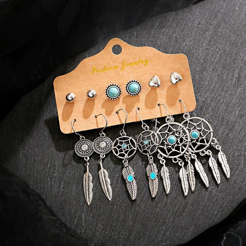 

Dangle & Chandelier Women's Silver Color Dreamcatcher Earrings Set For Women Bohemian Vintage Jewelry 2021 Geometric
