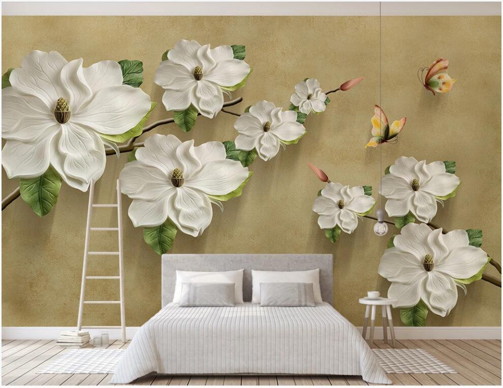 

3d wall paper custom photo mural on the wall Embossed white floral butterfly Home decor 3d wall murals wallpaper in the living room, Non-woven wallpaper