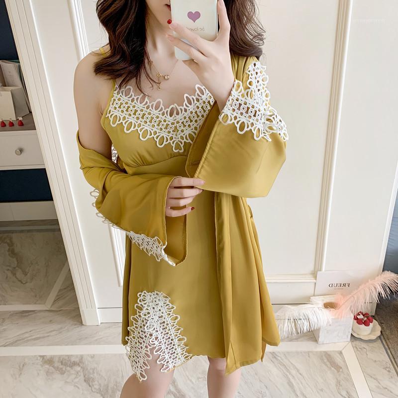 

Women Robe & Gown Sets Sexy Lace Sleep Lounge Pijama Long Sleeve Ladies Nightwear Bathrobe Nightdress Sets With Chest Pads1, Yellow