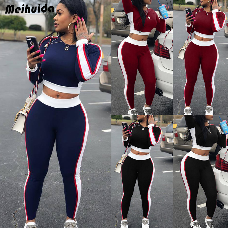 

2Pcs Lovely Leisure Round Neck Patchwork Black Two-piece Pants Set Women Ladies Tracksuit Hoodies Sweatshirt Crop Tops+Pants