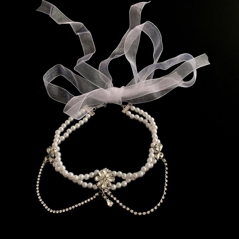

TIMEONLY Elegant Crystal Floral Simulation Pearl Choker Neckalce Transparent Cloth Necklace for Women Girls Wedding Jewellery