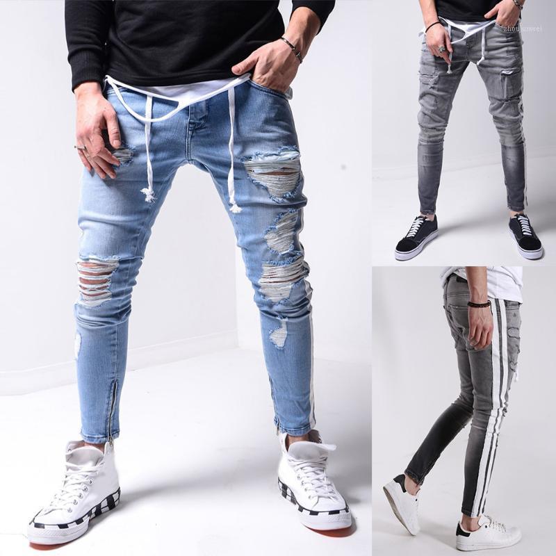 

Striped Man Jeans Ripped Male Denim Pants Trousers Fashion Casual Men Cargo Pants Zipper Pencil D30 Men's, Blue