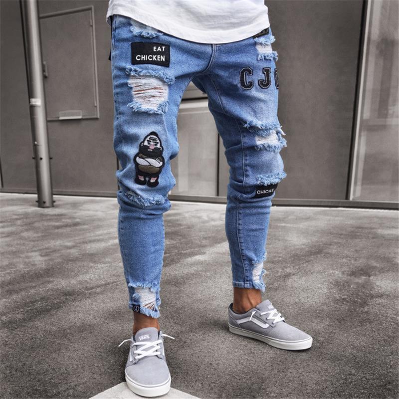 

New Men' Broken Hole Embroidered Pencil jeans Slim Men Trousers Casual Thin Denim Pants Classic Cowboys Young Man Jogging Pants, Black