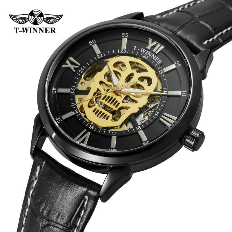 

Wristwatches T-Winner Men's Watch Skeleton Automatic Movement Leather Strap Brand Fashion Wristwatch For Halloween Gift, G3