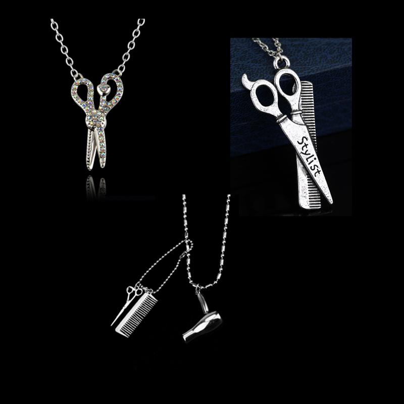 

Punk Hair Stylist Dryer Scissor Comb Pendant Necklace Barber Shop Hair Dresser Present Necklace