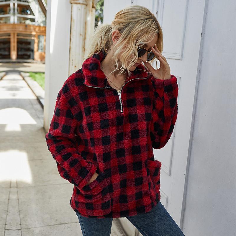 

Teddy Cashmere Plaid Fleece Jacket Women 2021 New Casual Pocket Thick Warm Camouflage Winter Pullover Jacket Coat Streetwear, Black